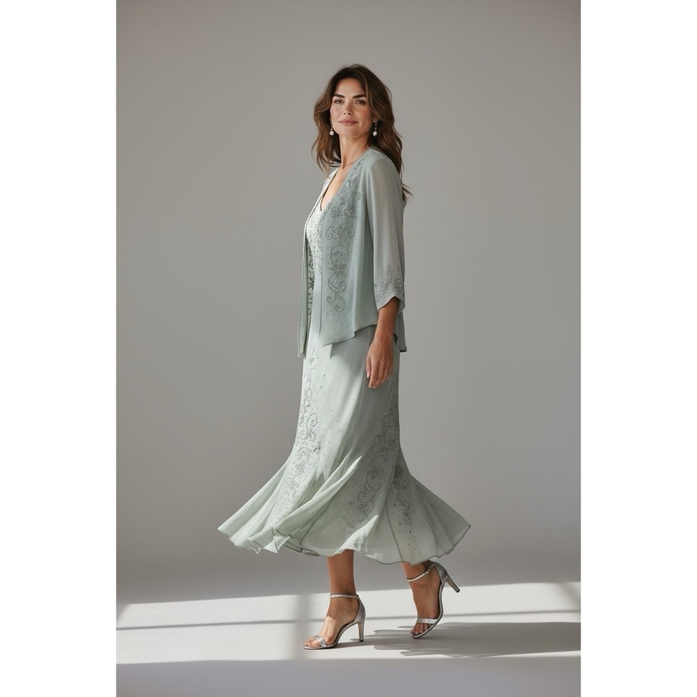 VTG‎ Y2k Formal Dress Mother Of Bride Jacket Set Ruffle Long Sage Green Large 16 - Picture 3 of 9